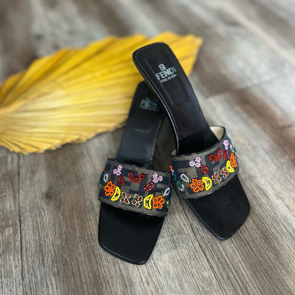 Fendi Vintage Monogram Beaded Sandal Kitten Heels